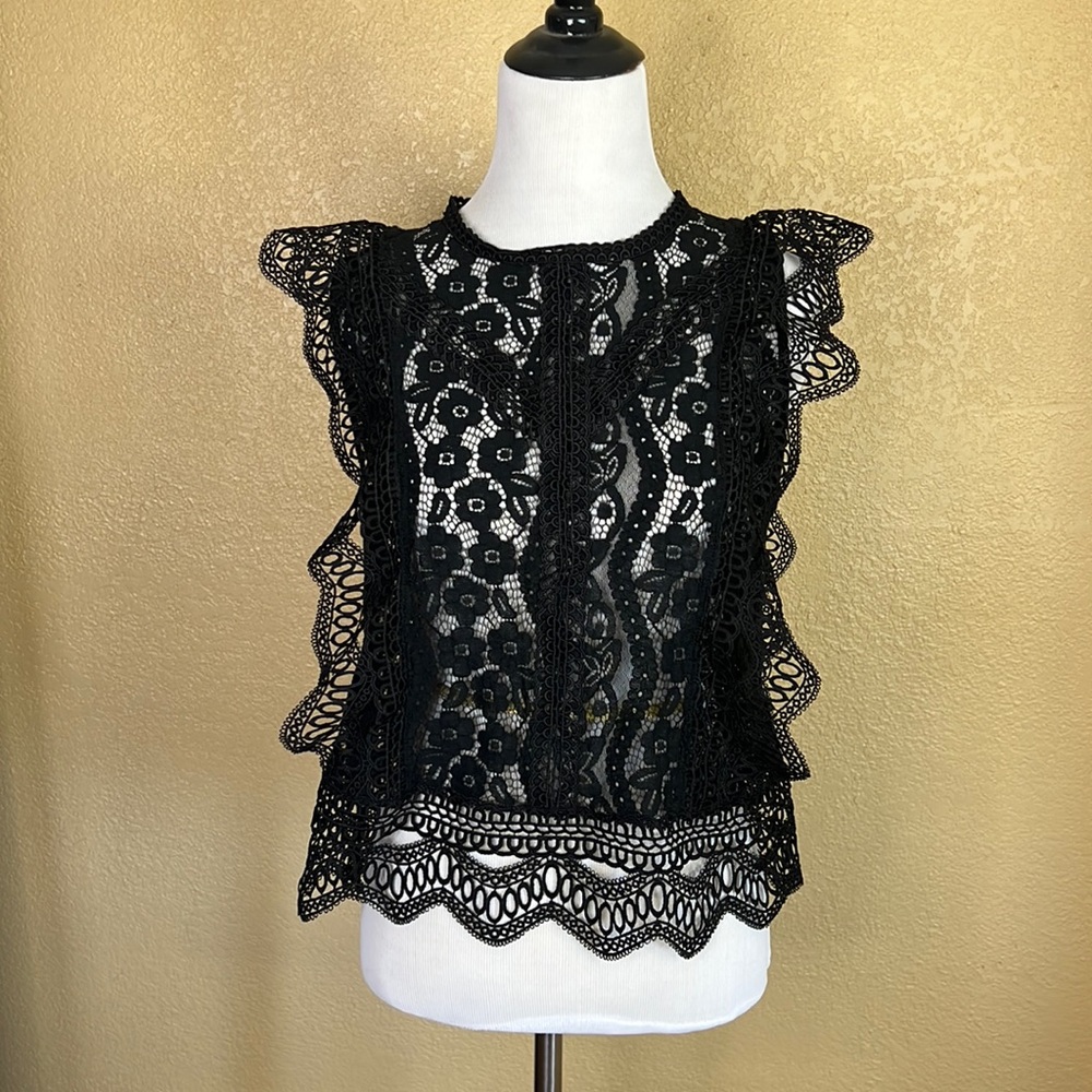 Black Lace Shell with Ruffle Detail
